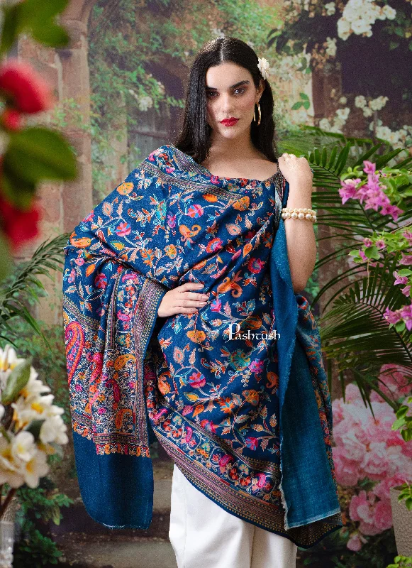 Pashtush Womens Shawl, Fine Wool, Hand Embroidery, Kalamkari Design, Blue, Soft and Warm