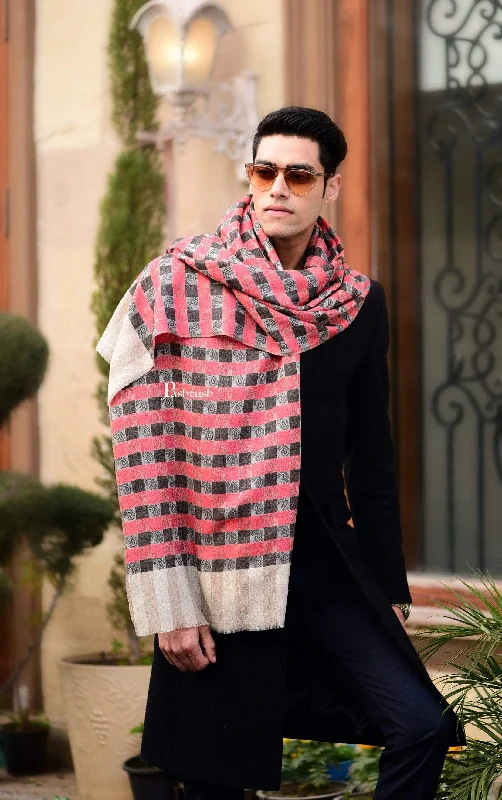 Pashtush Woven Mens Checkered Scarf, Fine Wool Muffler, Soft And Light Weight Red