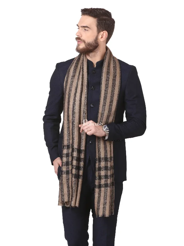 Pashtush Woven Mens Stole, Check-Stripe Design, Mens Muffler, Warm Cashmere Feel (Black)